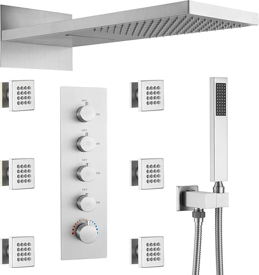Luxury Thermostatic Rain & Waterfall Shower System with 22” Rain Shower Head & 6 Body Jets, Wall Mounted Shower Faucet Sets with Handheld Sprayer, 3/4” Inlet Thermostatic Valve