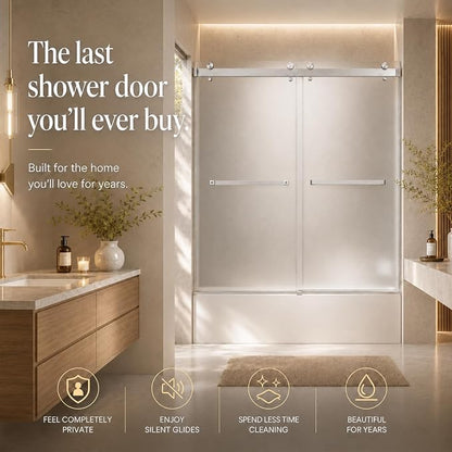 Frosted Sliding Shower Door for Bathtub, 56-60" W x 60" H-1/4” (6mm), Frosted Glass Shower Door with 4" Left Adjustable Width, 304 Stainless Steel Hardware, Bottom Water Seal, Brushed Nickel
