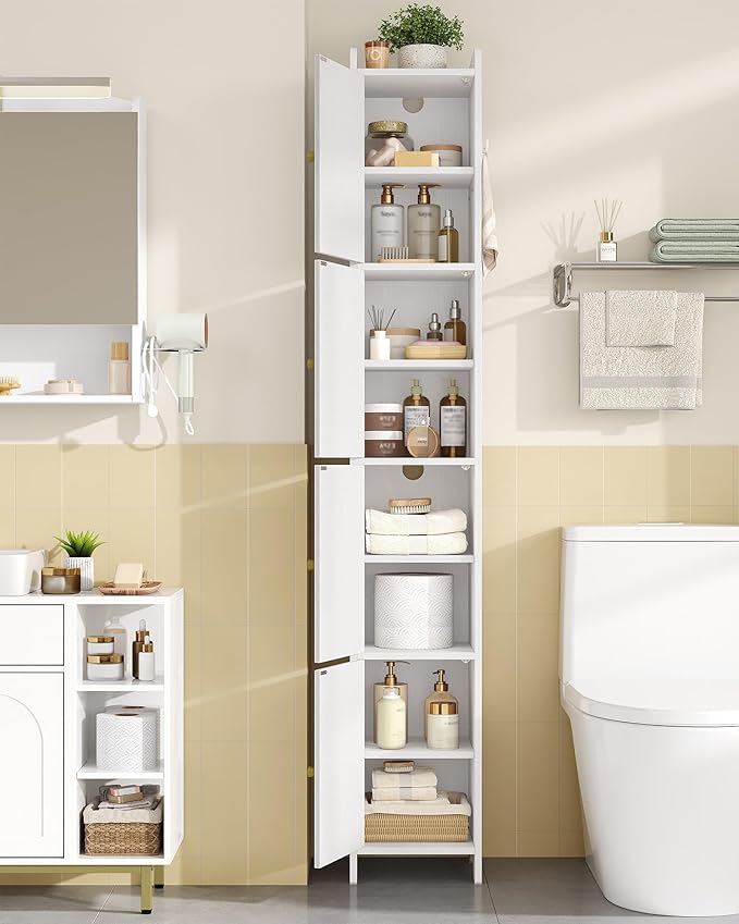 Bathroom Storage Cabinet, Tall Corner Floor Cabinet with 4 Doors and Adjustable Shelf, Narrow Toilet Paper Cabinets, Bathroom Organizer for Small Spaces, 11" D x 11" W x 70.9" H White