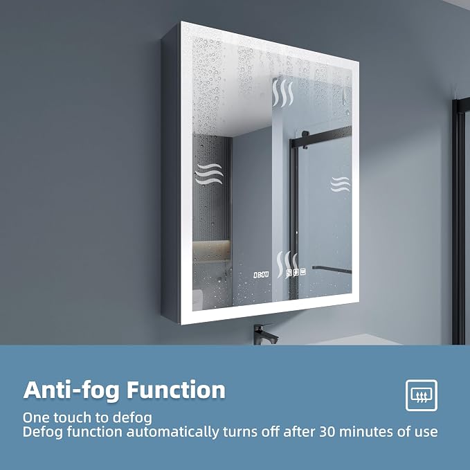 LED Medicine Cabinet 24x30 Anti-Fog Mirror Dimmable Recessed Mount | 3 Color Dimmable LED. Time Temp Display. Anti-Fog IP44. 2 Outlets+2 USB. Plug-in/Hardwired. Recessed/Wall Mount. Left Hinge