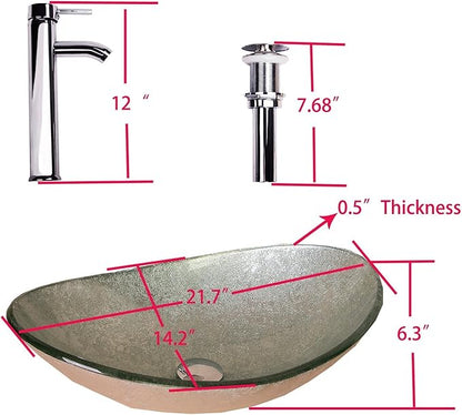 wonline Modern Bathroom Oval Glass Vessel Sink Bowl with Chrome Faucet and Pop-up Drain Combo