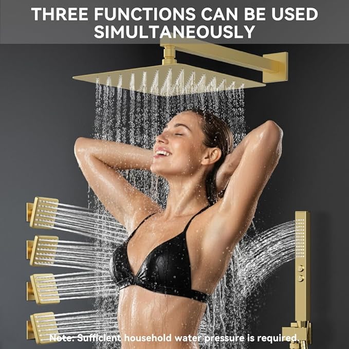 Brushed Gold Shower System with Body Jets, STARBATH 12" Rainfall Shower with 2 in 1 Handheld and 4 Body Jets, Can Use All at Once, Push Button Complete Shower Set with Valve and Trim Kit