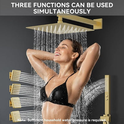 Brushed Gold Shower System with Body Jets, STARBATH 12" Rainfall Shower with 2 in 1 Handheld and 4 Body Jets, Can Use All at Once, Push Button Complete Shower Set with Valve and Trim Kit