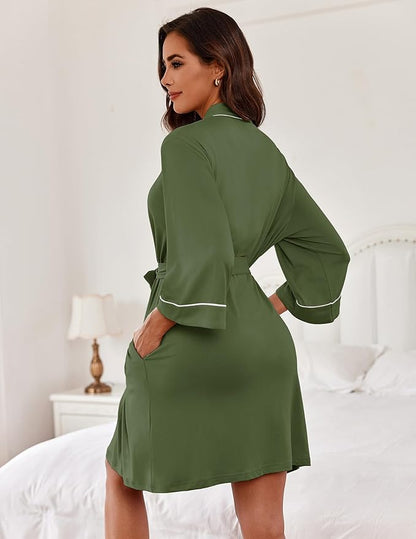 Ekouaer Women Kimono Robes Knee Length Knit Bathrobe Lightweight Soft Sleepwear V-neck Casual Ladies Loungewear