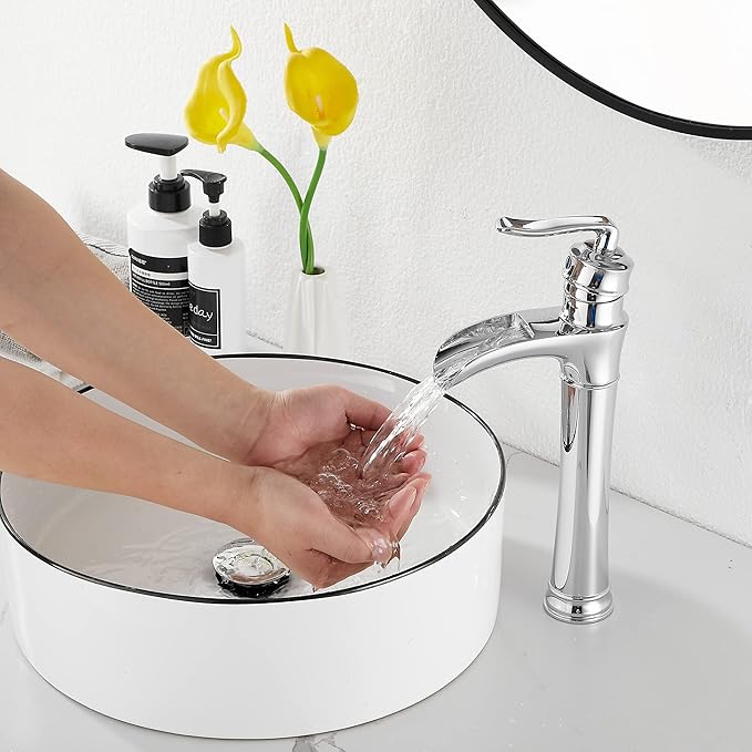 Chrome Bathroom Faucet GGStudy Waterfall Bathroom Faucet Single Handle One Hole Tall Body Farmhouse Bathroom Vessel Sink Faucet Vanity Faucet Matching with Pop Up Drain