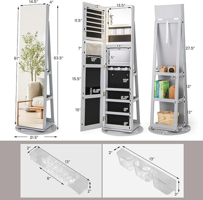 MAT EXPERT 360° Rotating Jewelry Armoire, Lockable Freestanding Jewelry Organizer w/Full-length Mirror, 3-Color LED Lights, Rear Storage Shelves, Mirror Jewelry Cabinet for Bedroom (Gray)