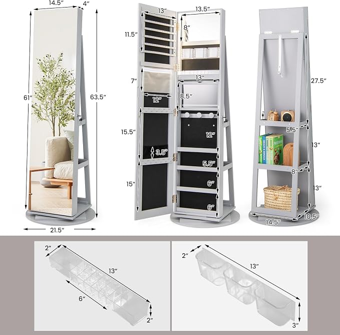 GOFLAME 360° Rotating Jewelry Cabinet with Full-Length Mirror, Freestanding Jewelry Armoire with 3-Color LED Light and Back Storage Shelf, Lockable Jewelry Organizer for Bedroom Cloakroom, Gray