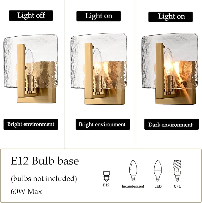 Modern Gold Wall Sconce with Water Rippled Glass Shades, 7-Inch Wall Lights | Vintage Vanity Light, Indoor Sconces Lighting with Gold Finish for Living Room Bedroom Bathroom Hallway Entryway