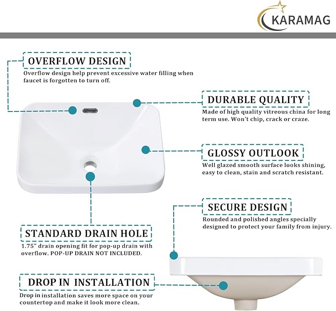 Bathroom Vessel Sink 18.2'' x 13.3'' Semi Recessed Bathroom Sink Rectangular Drop-in Vanity Sink with Overflow White Ceramic Modern Art Basin