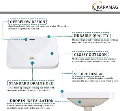 Bathroom Vessel Sink 18.2'' x 13.3'' Semi Recessed Bathroom Sink Rectangular Drop-in Vanity Sink with Overflow White Ceramic Modern Art Basin