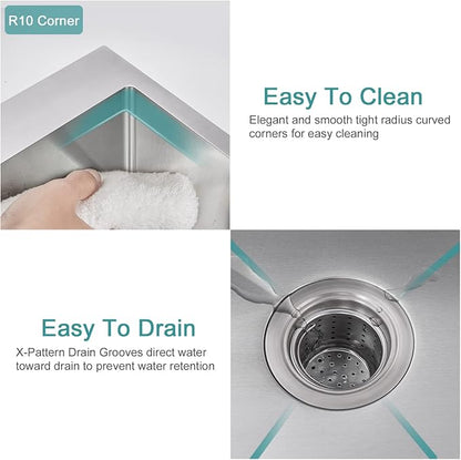 Brushed Topmount Kitchen Sink - 28”×18” Single Bowl Sink | 9 Inch Deep Handmade Bar Sink with Strainer, Stainless Steel 304, Center Drain, X-Groove Drainage, Sound-Dampening Pad