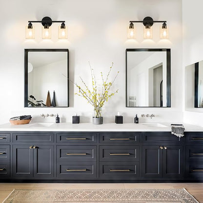 3-Light Bathroom Vanity Light Fixture, Black with Clear Amber Glass,17.3'' | Modern Wall Lamp, For Mirror