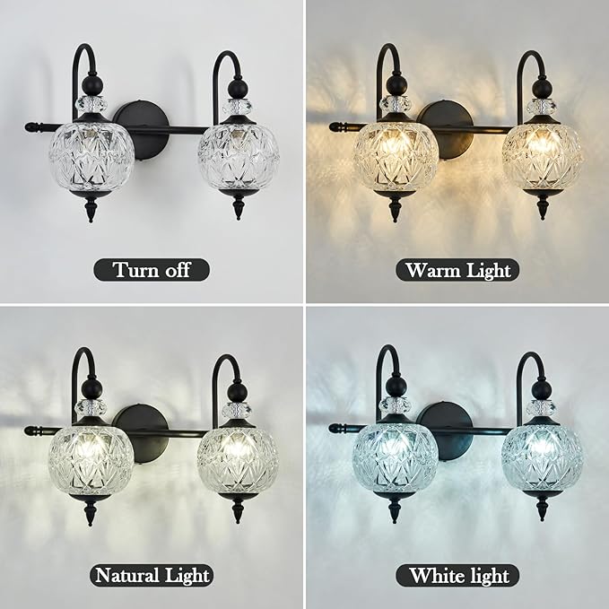 Vintage Bathroom Light Fixtures Black Vanity Light with Glass Globe LampShade 2 Lights Mid Century G9 Bulb Wall Sconce Indoor Vanity Light Over Mirror for Kitchen Bedroom Farmhouse