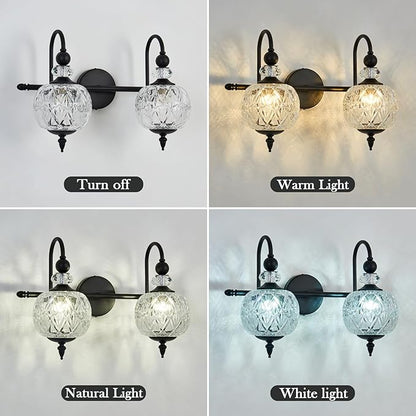 Vintage Bathroom Light Fixtures Black Vanity Light with Glass Globe LampShade 2 Lights Mid Century G9 Bulb Wall Sconce Indoor Vanity Light Over Mirror for Kitchen Bedroom Farmhouse