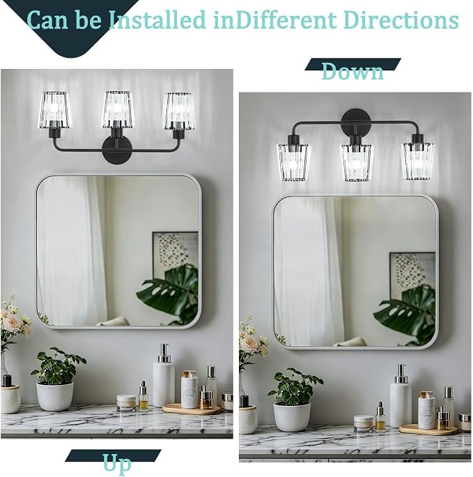 Black Vanity Lights, 3-Light Crystal Bathroom Light Fixtures | Modern Bathroom Vanity Light E26 Wall Light over Mirror (Exclude Bulb)