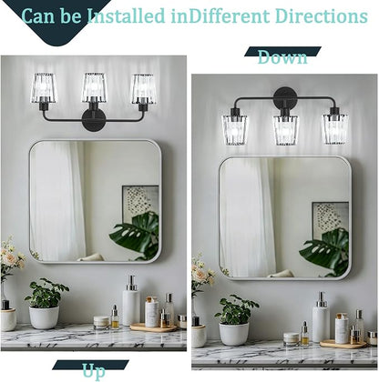 Black Vanity Lights, 3-Light Crystal Bathroom Light Fixtures | Modern Bathroom Vanity Light E26 Wall Light over Mirror (Exclude Bulb)