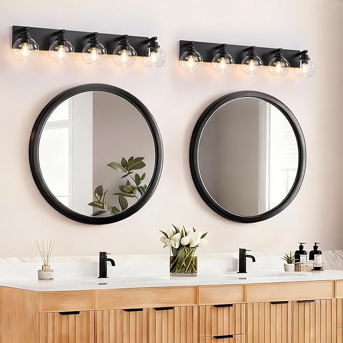 Bathroom Light Fixtures, 5-Light Matte Black Vanity Lights, Modern Bathroom Lighting Fixtures Over Mirror, Farmhouse Vanity Lights with Glass Shade for Living Room, Bedroom, Hallway