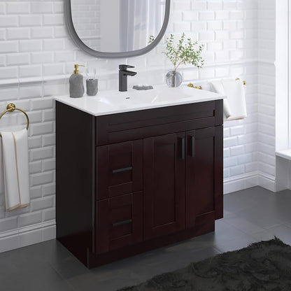 36" Espresso Shaker Bathroom Vanity Base – Ready-to-Assemble Sink Cabinet with Drawers, Freestanding Bathroom Vanity Base Only, No Top or Sink