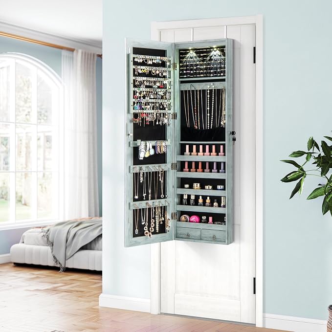 Giantex Wall or Door Mounted Jewelry Armoire with 47.5" Full Length Mirror, Lockable Cabinet with 2 LED Lights, 2 Drawers, Over the Door Large Jewelry Storage Organizer (Weathered Blue)
