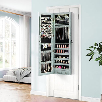 Giantex Wall or Door Mounted Jewelry Armoire with 47.5" Full Length Mirror, Lockable Cabinet with 2 LED Lights, 2 Drawers, Over the Door Large Jewelry Storage Organizer (Weathered Blue)