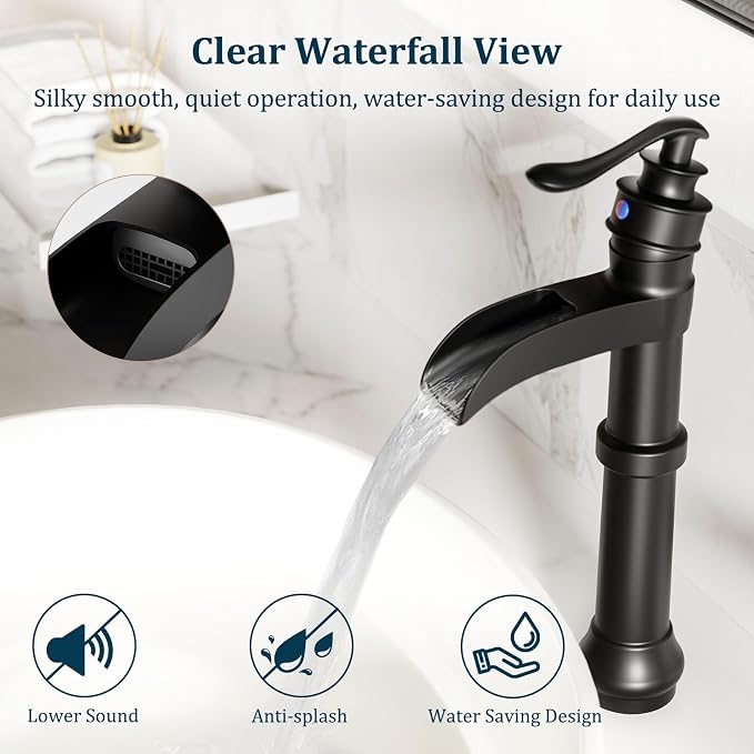 Matte Black Vessel Sink Faucet Brass Tall Waterfall Bathroom Faucet | Bathroom Sink Faucets Single Handle with Pop Up Drain Without Overflow and Supply Hoses Mixer Tap Deck Mount by BATHLAVISH