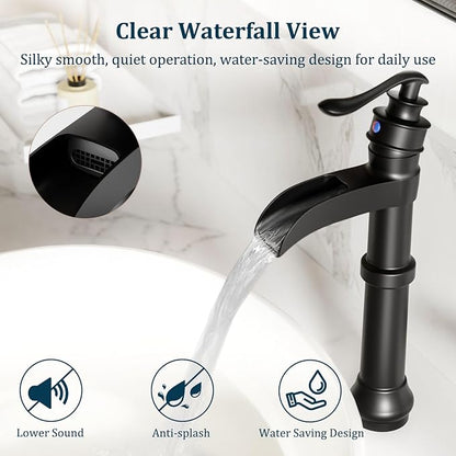 Matte Black Vessel Sink Faucet Brass Tall Waterfall Bathroom Faucet | Bathroom Sink Faucets Single Handle with Pop Up Drain Without Overflow and Supply Hoses Mixer Tap Deck Mount by BATHLAVISH