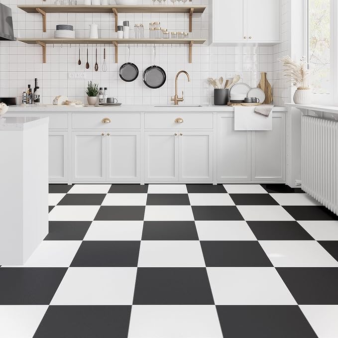 30-Pack 30 Sq.Ft Peel and Stick Floor Tiles Vinyl Matte Pattern Flooring, 12” x 12” Self Adhesive Vinyl Flooring DIY for Kitchen, Bathroom, Laundry, Pure Black&Pure White