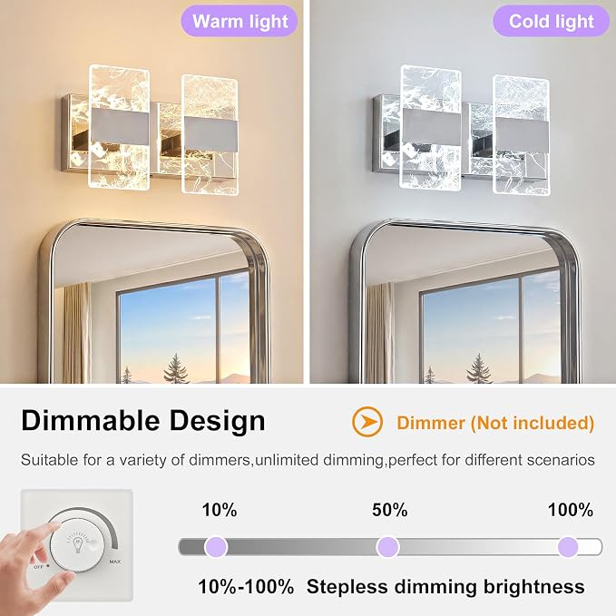 Modern LED Bathroom Light Fixtures Dimmable 2-Light Chrome Vanity Light | 5CCT Adjustable Lighting, Smoked Acrylic LED Vanity Lights, Wall Sconces for Bathroom, Dimmable 6000K