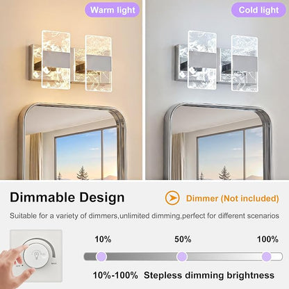 Modern LED Bathroom Light Fixtures Dimmable 2-Light Chrome Vanity Light | 5CCT Adjustable Lighting, Smoked Acrylic LED Vanity Lights, Wall Sconces for Bathroom, Dimmable 6000K