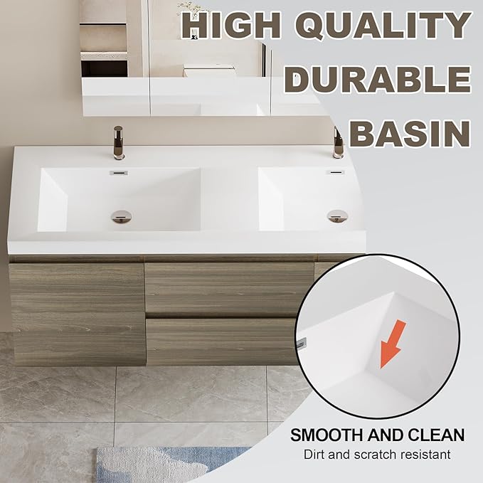 Wall Mounted 60 Inch Bathroom Vanity with Sink, Floating Vanity Bathroom, Double Sink Bathroom Vanity, 2 Drawers, 2 Soft Closing Doors, Resin Integrated Sink (Ash Grey)