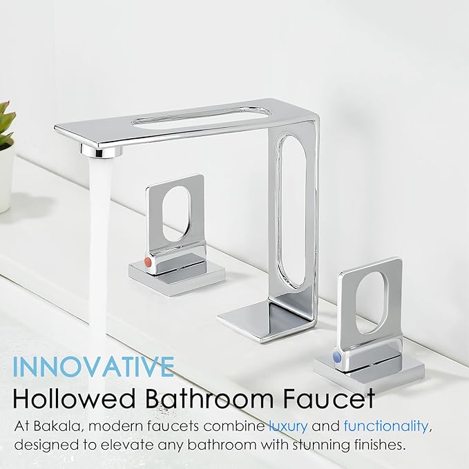 BAKALA Chrome Bathroom Faucet 3 Hole, 8 inch Widespread Bathroom Sink Faucet, 2-Handle Modern Vanity Faucet with Water Supply Lines, Hollowed Design