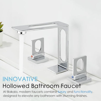 BAKALA Chrome Bathroom Faucet 3 Hole, 8 inch Widespread Bathroom Sink Faucet, 2-Handle Modern Vanity Faucet with Water Supply Lines, Hollowed Design