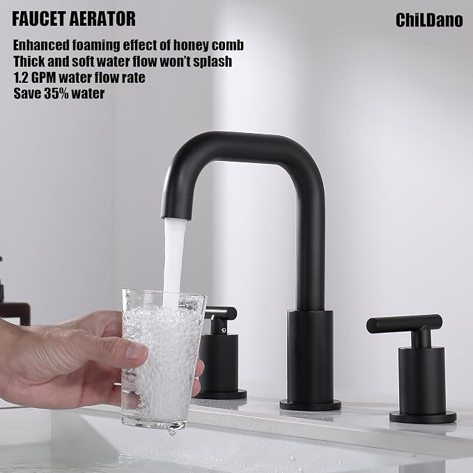 ChiLDano Black Sink Faucet Bathroom 3 Hole, 8 inch Black Faucet with Drain | 2 Handles 3 Hole Black Faucet for Bahtoom Sink, Bathroom Faucet Widespread for Vanity