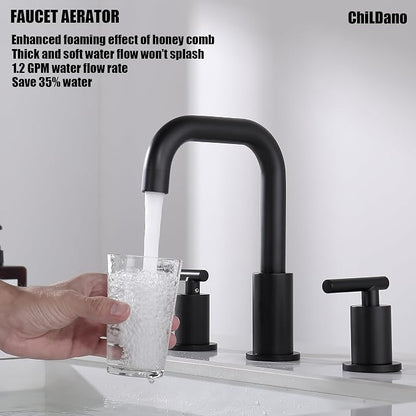 ChiLDano Black Sink Faucet Bathroom 3 Hole, 8 inch Black Faucet with Drain | 2 Handles 3 Hole Black Faucet for Bahtoom Sink, Bathroom Faucet Widespread for Vanity