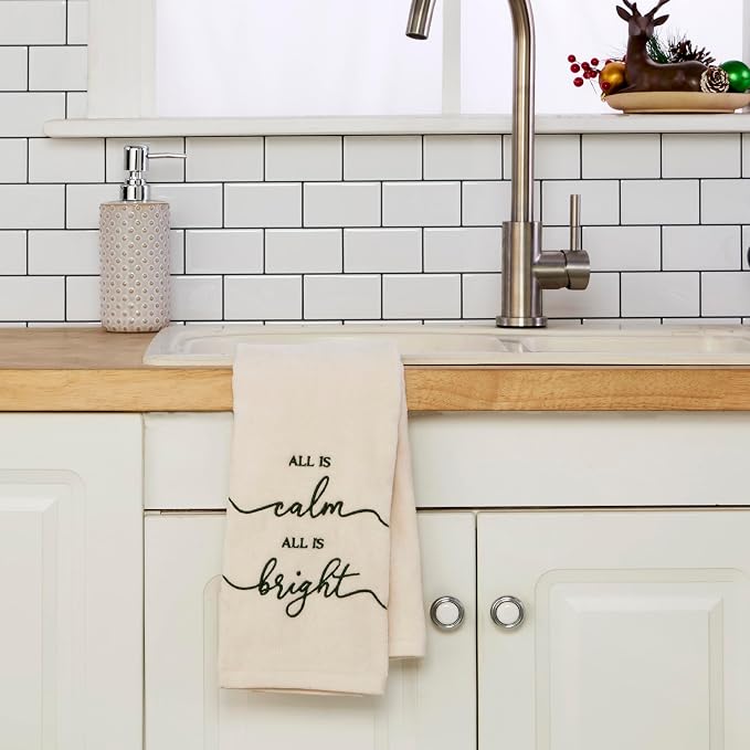 SKL Home Christmas/Winter All is Calm Hand Towel Set-2pc, Natural | 100% Cotton. Soft, embroidered velour. Great for the bathroom, kitchen or bar & holiday gifting.