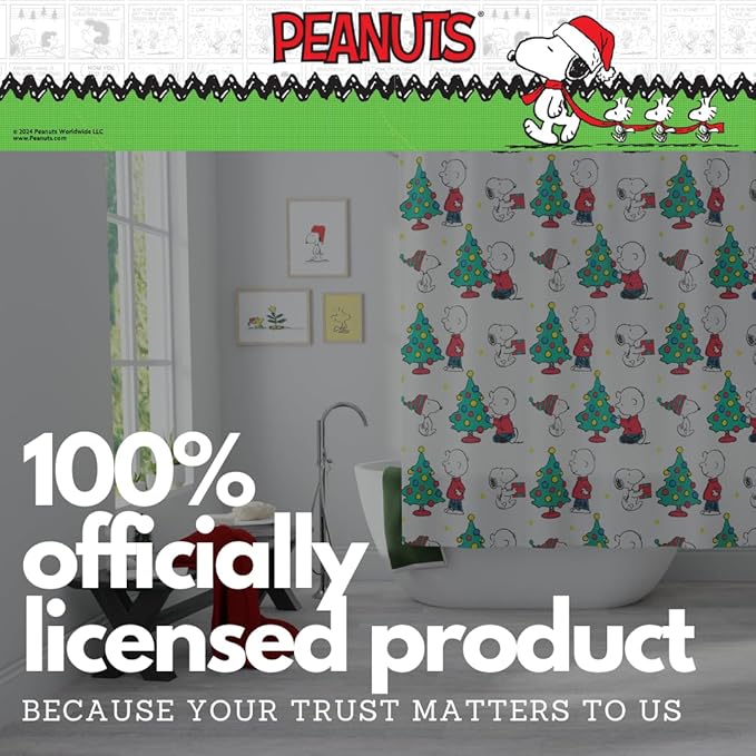 Peanuts Holiday Christmas 13-Piece Shower Curtain Set, 72 x 72 Inch Fabric Curtain with Hooks, Bathroom Decor, Machine Washable, (100% Officially Licensed Product) by Franco Collectibles
