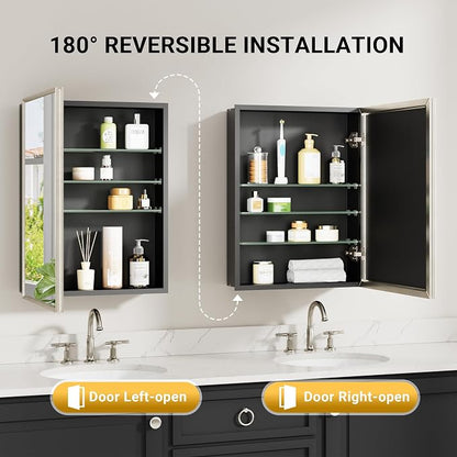 Pre-Assembled Surface or Recessed Medicine Cabinet Mirror-48x30 Brushed Nickel Bathroom Medicine Cabinet with Mirror & Rustproof Aluminum Frame, Beveled Bathroom Vanity Mirror with Storage