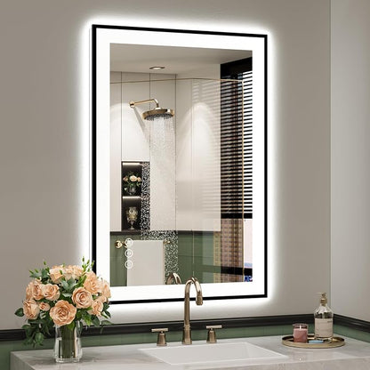 24x36 LED Bathroom Mirror with Lights, Black Framed Lighted Mirror | Backlit and Front Light, Anti-Fog, 3 Color Dimmable, Memory, Tempered Glass, IP54 Waterproof, UL Listed
