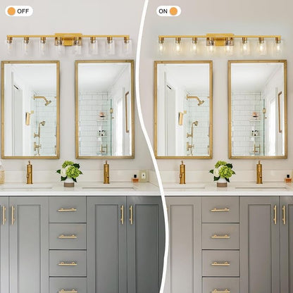 8 Light Gold Bathroom Light Fixtures, Modern Large Vanity Lights with Clear Glass Shade, Brushed Brass Bathroom Lighting Fixtures Over Mirror, Wall Scones Light for Bedroom, Living Room