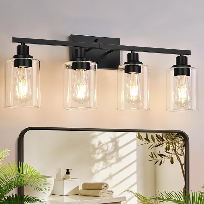 4-Light Bathroom Light Fixtures, Vanity Light with Clear Glass Shades, Matte Black Bathroom Light Fixtures Over Mirror, Modern Bathroom Wall Lamp for Mirror Living Room Cabinet Bedroom