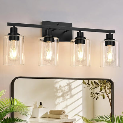 4-Light Bathroom Light Fixtures, Vanity Light with Clear Glass Shades, Matte Black Bathroom Light Fixtures Over Mirror, Modern Bathroom Wall Lamp for Mirror Living Room Cabinet Bedroom
