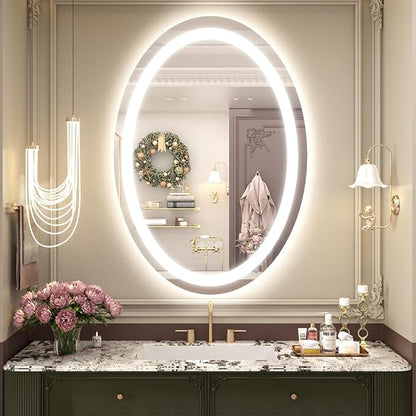 OKPAL Oval LED Mirror for Bathoom 40X24, Oval Bathroom Mirror with Lights, Dimmiable Lighted Vanity Mirror, Anti-Fog, Shatter-Proof, Memory, 3 Colors (Front Lights + Backlit)