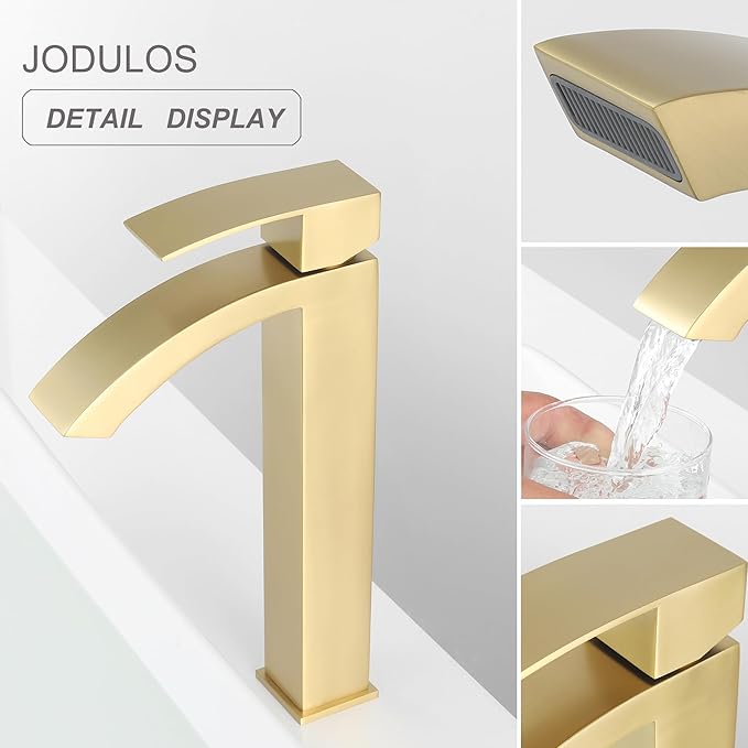 Brushed Gold Vessel Sink Faucet, Tall Bathroom Faucet, Single Hole Single Handle Waterfall Bathroom Sink Faucet with cUPC Supply Hose and Metal Pop Up Drain JU-BS101-BG