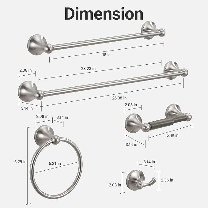 24-Inch Wall Mounted Towel Racks for Bathroom, 5-Piece Stainless Steel Bathroom Hardware Set with Towel Bar, Towel Ring, Toilet Paper Holder & Hook, Brushed Nickel
