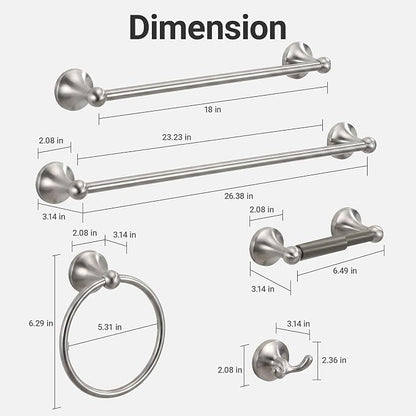 24-Inch Wall Mounted Towel Racks for Bathroom, 5-Piece Stainless Steel Bathroom Hardware Set with Towel Bar, Towel Ring, Toilet Paper Holder & Hook, Brushed Nickel