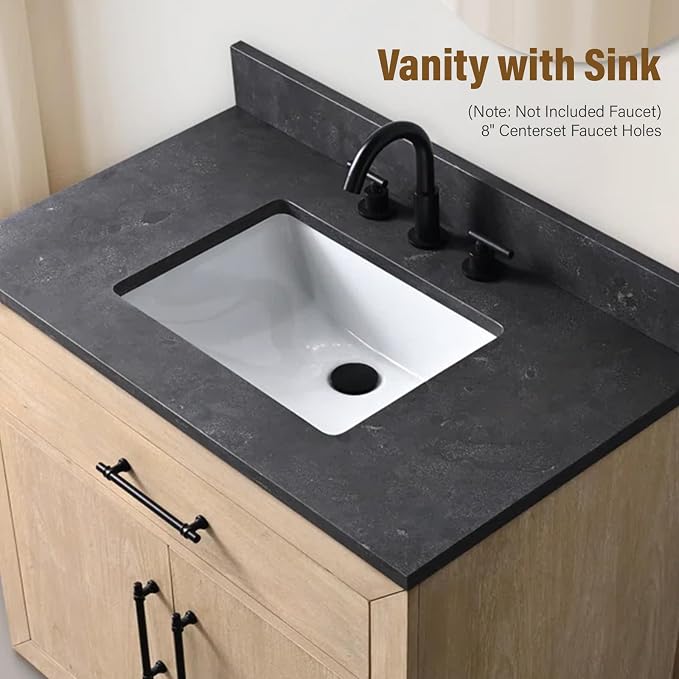 36 Inch Bathroom Vanity with Single Sink & Black Ceramic Top, MDF Material Vanity Cabinet with Basin Combo, Soft-Closing Doors, Removable Shelf, Backsplash