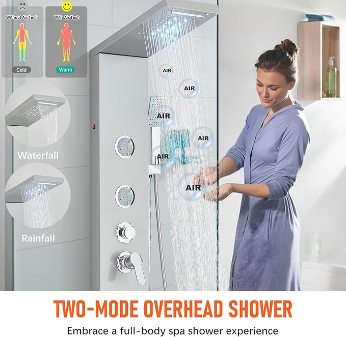 Fuz LED Shower Panel Tower System with Rainfall Waterfall Shower, Brushed Nickel Shower Tower with Jets and Rainfall and Handheld, 5 in 1 Stainless Steel Shower Column High Pressure with Tub Spout