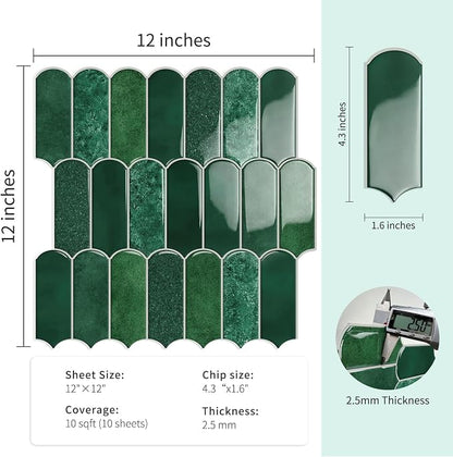 10-Sheet Upgraded Thicker Peel and Stick Kitchen Backsplash Tiles | Waterproof Self-Adhesive Vinyl Wall Tile Stick on Backsplash for Kitchen,Bathroom,Fireplace and RV(Forest Green,12"×12")