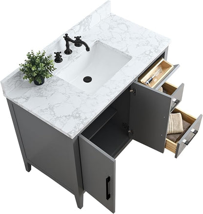 42 Inch Bathroom Vanity with Sink & Ceramic Top, Single Vanity Cabinet with Basin, Soft-Closing Doors & Matte Black Hardware, Grey