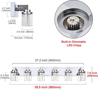 MELUCEE 6-Light LED Bathroom Light Fixtures Chrome, Built-in LED Chips | Modern Bubble Crystal Vanity Lights with Clear Glass Shade, Dimmable 5CCT Wall Sconce Lamp for Bathroom Restroom